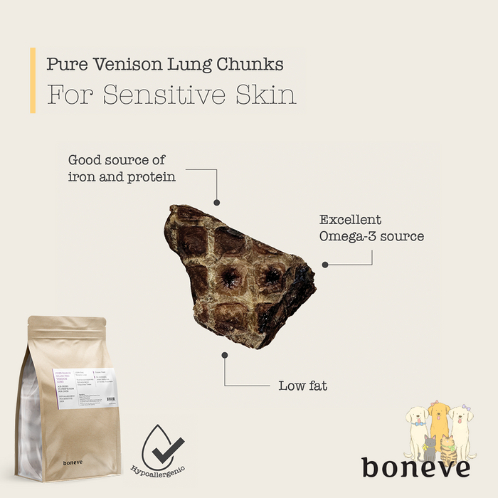 Boneve by Earthmade Air Dried Free Range Grass Fed Venison Lung Chunks Dog Treat 85g