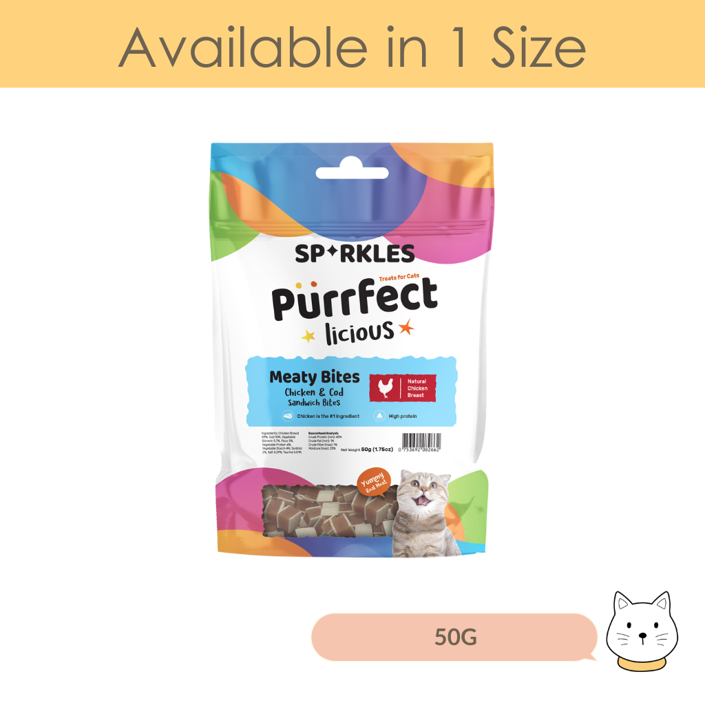 Sparkles Purrfectlicious Meaty Bites Chicken Cod Sandwich Strips Cat Treat 50g