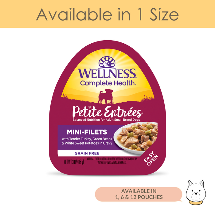 Wellness Small Breed Petite Entree Mini-Filets Tender Turkey, Green Beans & White Sweet Potatoes in Gravy Wet Dog Food 3oz (85g)