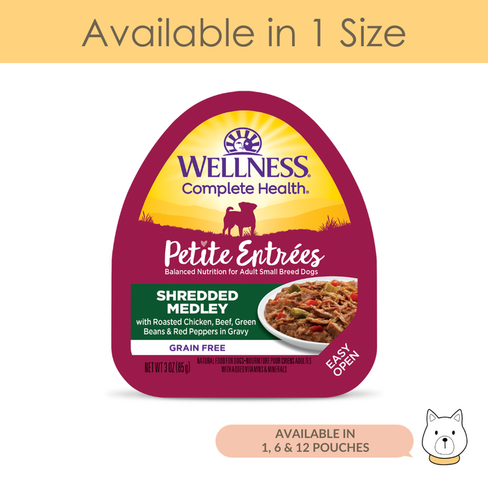 Wellness Small Breed Petite Entree Shredded Medley Roasted Chicken, Beef, Green Beans & Red Peppers Wet Dog Food 3oz (85g)