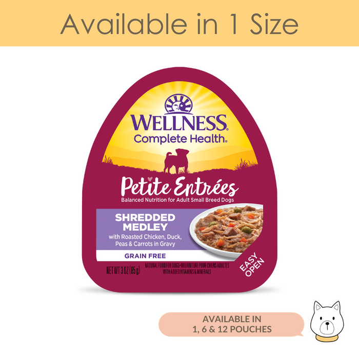 Wellness Small Breed Petite Entree Shredded Medley Roasted Chicken, Duck, Peas & Carrots Wet Dog Food 3oz (85g)