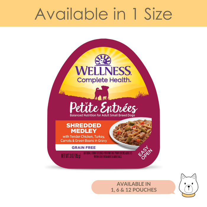Wellness Small Breed Petite Entree Shredded Medley Tender Chicken, Turkey, Carrots & Green Beans Wet Dog Food 3oz (85g)